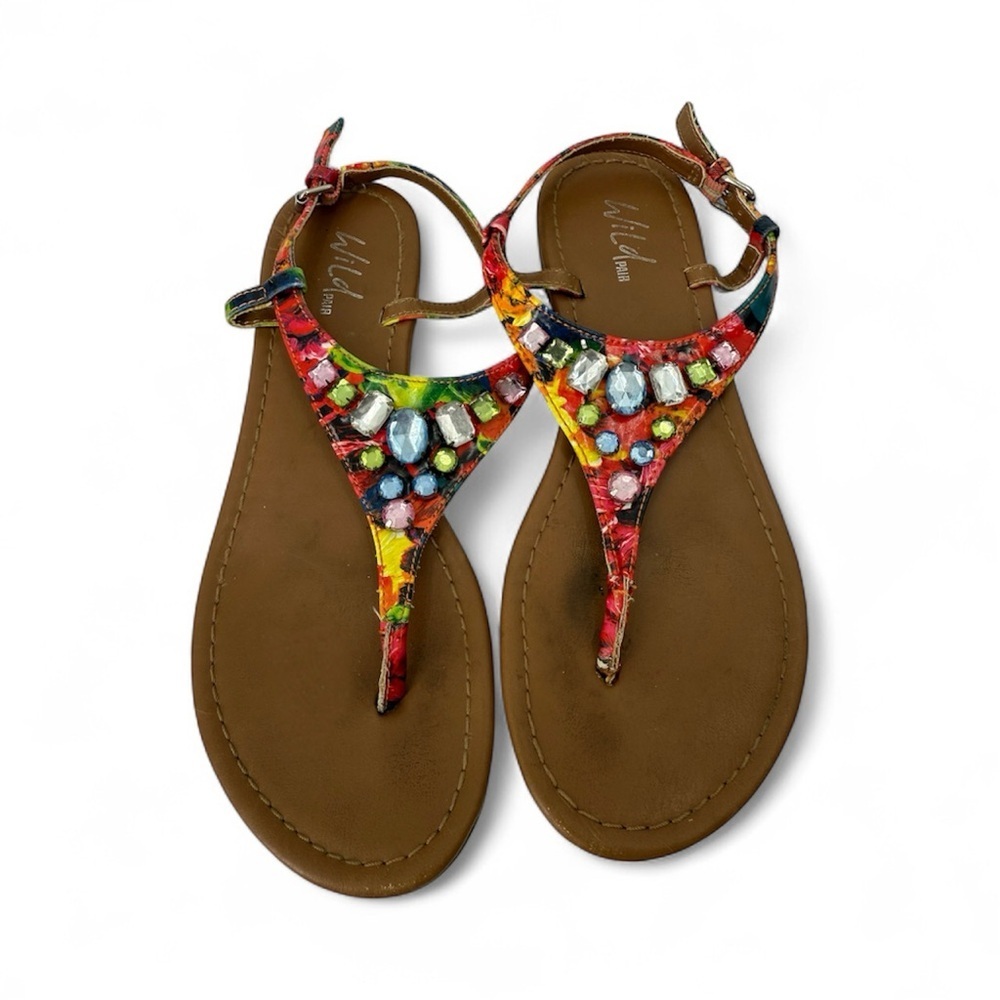 Wild Pair Frazier Jeweled Floral Thong Sandals Boho Gemstone Flat Sandals, 7